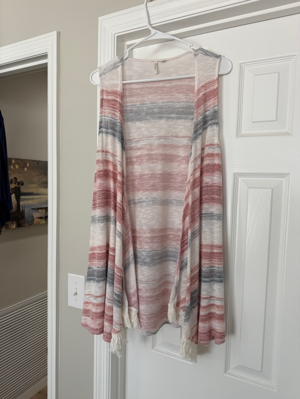 Sleeveless Open-Front Striped Tunic Vest - Pink & Gray